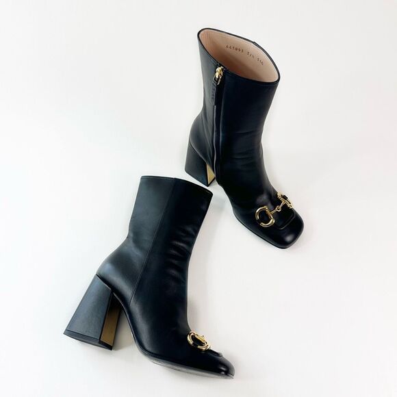 GUCCI Baby Bit Black Leather Boot Size 37.5 High Heel Bootie Square Toe Horsebit - Picture 13 of 13